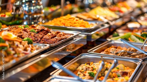 An array of gastronomic delights neatly arranged in a catering setup, perfect for events and large gatherings photo