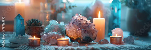 esoteric still life with candles and crystals, magical spiritual healing zen composition, modern witchcraft concept