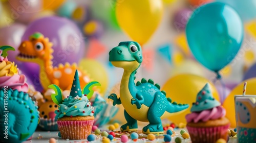 A vibrant scene of a dinosaur-themed birthday party with colorful decorations, cakes, and balloons