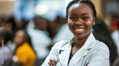 Portrait of a happy medical professional with a welcoming smile at a busy clinic photo