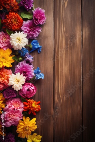 spring flowers on wooden table background with copy space