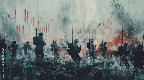 Stock Chart Battlefield A detailed painting reimagines a classic world war battle scene, with soldiers replaced by bars and lines representing the chaotic movement of stocks during the war