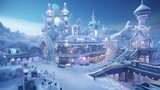 AI-generated engineers constructing an innovative winter-themed amusement park, complete with ice slides, snow mazes, and enchanting light displays