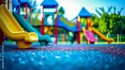 Wallpaper Mural A detailed colorful playground equipment with a focus on the bright yellow slide against a bokeh background Torontodigital.ca