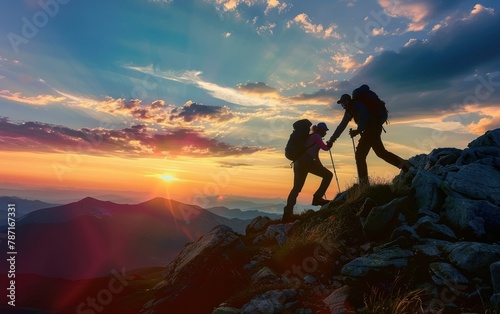 Hikers Ascending Mountain at Sunset