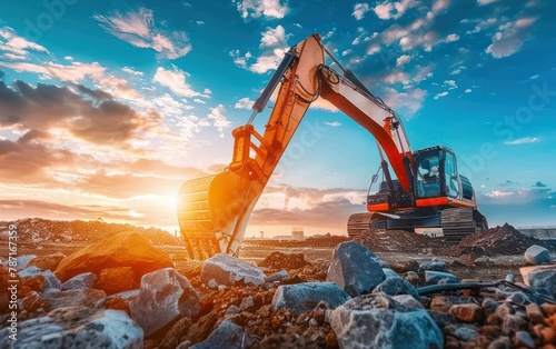 Excavator on Construction Site at Sunset