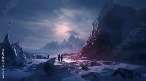 AI-generated explorers uncovering a lost winter civilization buried beneath polar ice, piecing together the history and culture of an ancient society that thrived in extreme cold photo