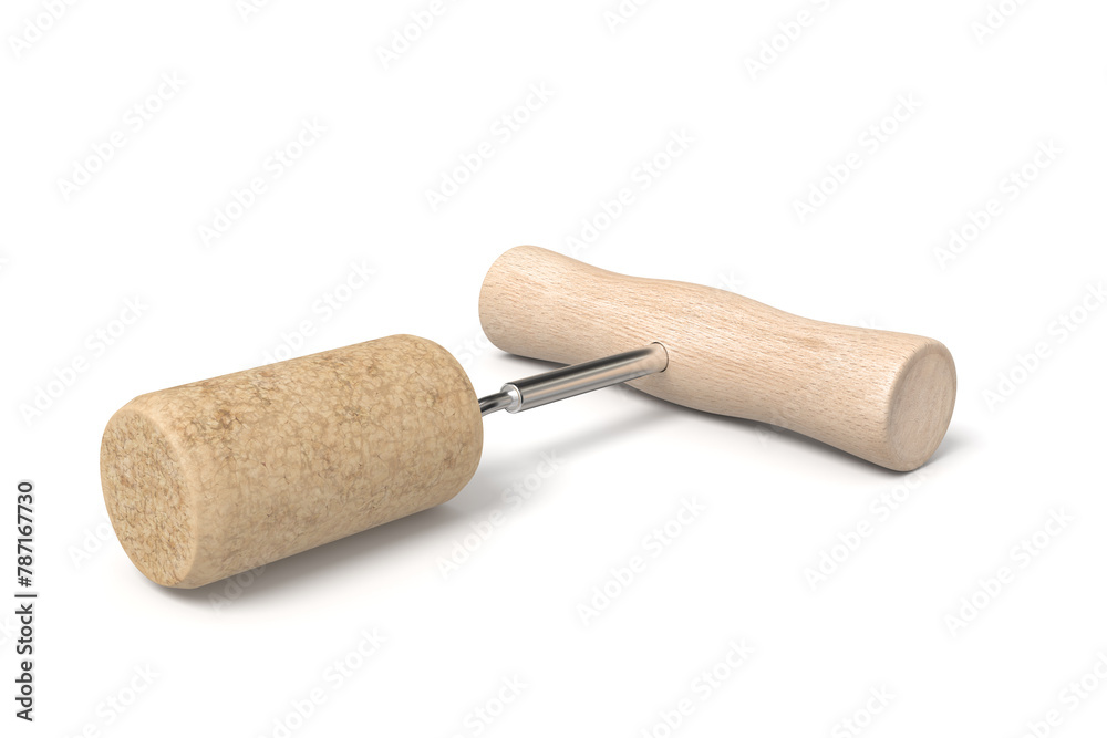 Corkscrew with cork and wooden handle lying down