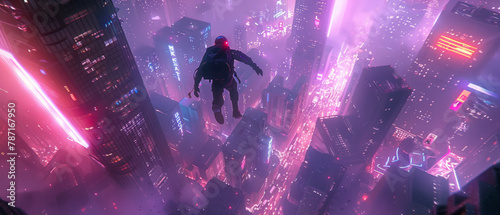 An adrenaline-fueled BASE jumper dives from a towering skyscraper in a futuristic cyberpunk cityscape, illuminated by neon lights at night photo