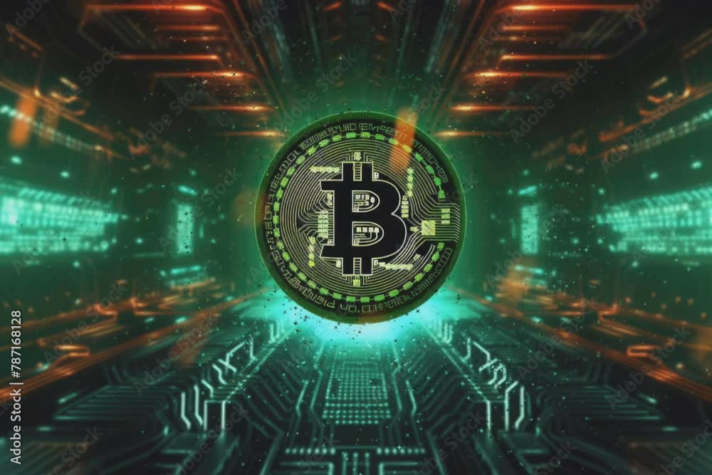 Bitcoin coins on a rising chart with green matrix backdrop. Bitcoin coins on a rising chart with green matrix backdrop.