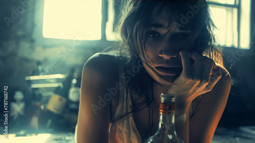 female alcoholic drinking alcohol at home photo