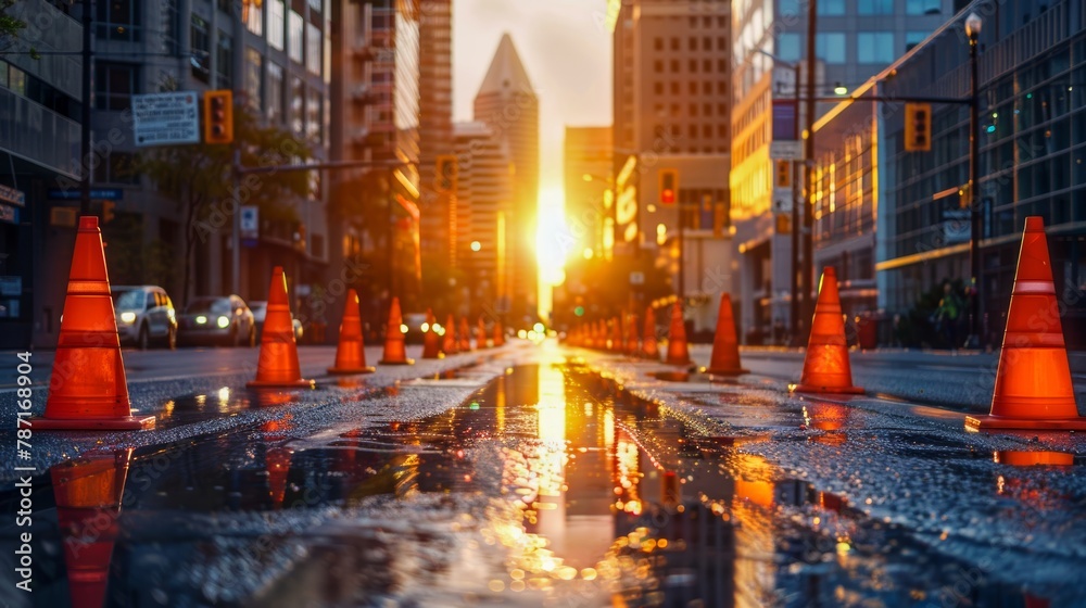 Glistening wet urban road with orange traffic cones leading towards a sunset in a modern cityscape, capturing the tranquil moment in city life