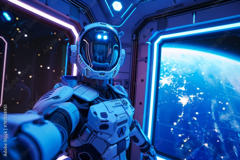Futuristic astronaut inside a spaceship