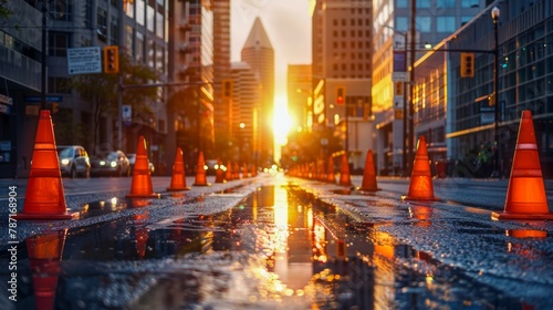 Glistening wet urban road with orange traffic cones leading towards a sunset in a modern cityscape  capturing the tranquil moment in city life