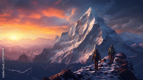 AI-generated hikers ascending a snow-covered mountain peak, greeted by a breathtaking sunrise on a crisp winter morning