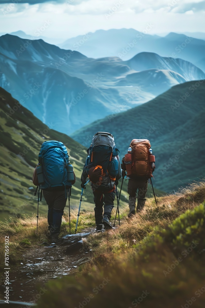 Backpackers in mountains, group adventure, travel and hike story
