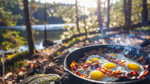 Outdoor adventure captured with breakfast cooking over a campfire in a forest, exuding a sense of wilderness and freedom