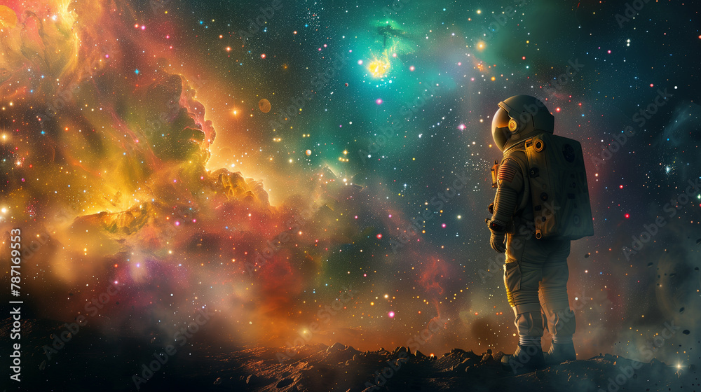 Naklejka premium an astronaut, stationing on a rocky alien surface. He gazes at a vibrant nebula amidst a star-studded backdrop, embodying immense and beautiful expansion of space