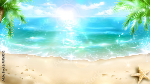 Summertime illustration with copy space. Beach  seawater  sand and Seastar.