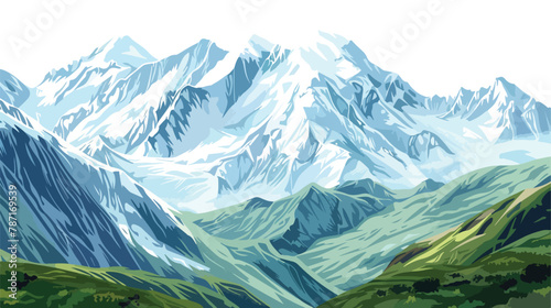 Serene mountain landscape with snow-capped peaks and