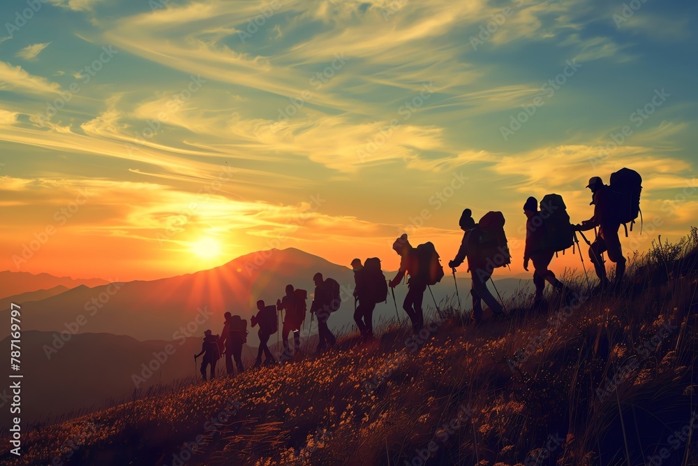 Sunset trek, mountain group adventure, tourists on a journey