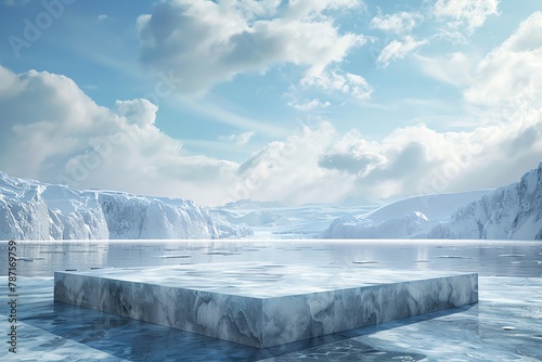 Frozen water stage, ice slab podium, winter sky landscape, chilling nature display