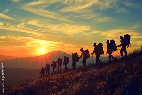 Sunset trek  mountain group adventure  tourists on a journey