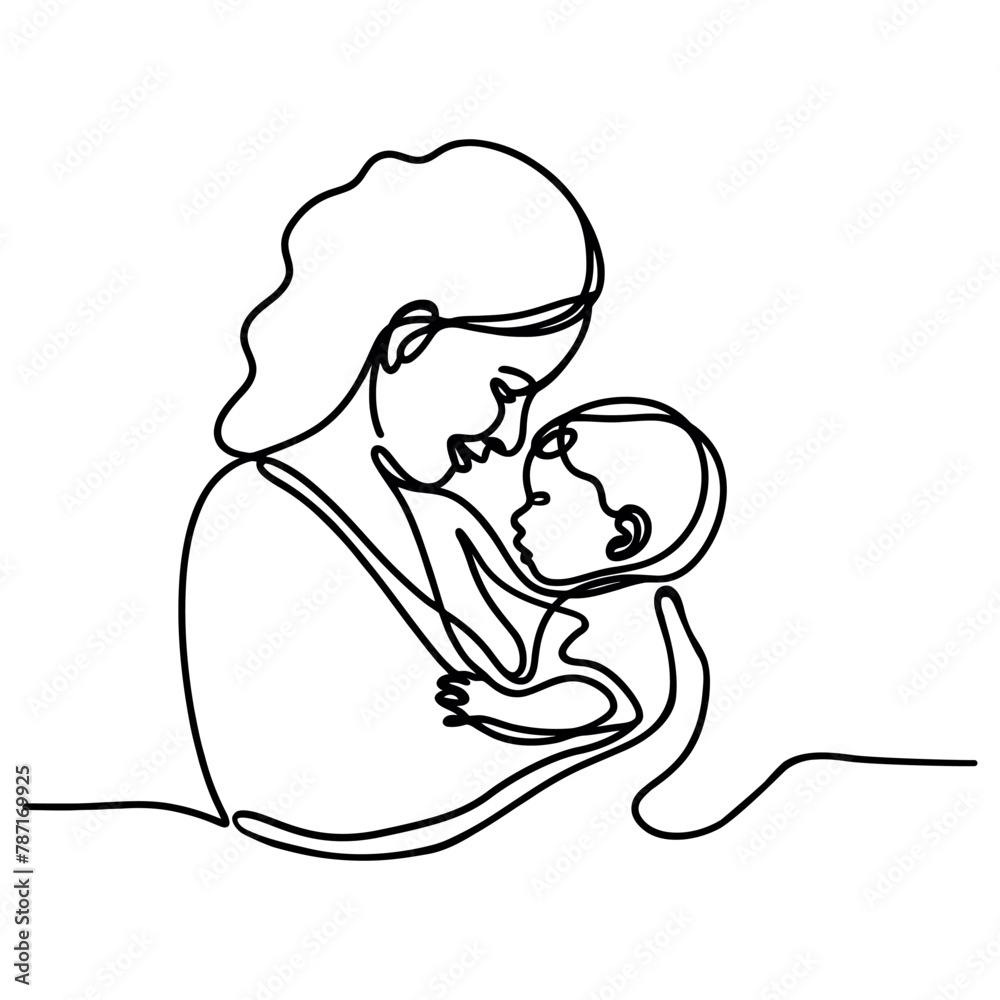 Minimalistic silhouette of woman holding baby. Mother and child. One line art. Vector Minimalistic silhouette of woman holding baby. Mother and child. One line art. Vector