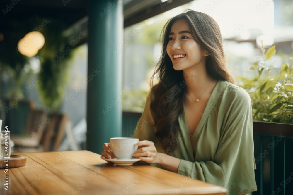 Serene Beauty: Elegant Asian Woman Contemplating with Tea