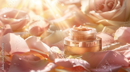a serene scene where rays of golden sunlight gently caress a luxurious jar of Facial Skin Regeneration Cream, casting a soft glow upon its sleek surface.