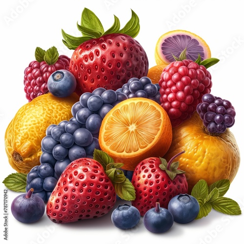 different types of vibrant realistic cartoon fruits in a pile  white background