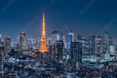 Tokyo skyline with Tokyo Tower at night, Tokyo, Japan photo