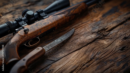 hunting rifle and hunting knife on a wooden background
