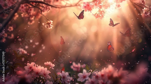 Dreamy Pink Sakura Garden with Graceful Butterflies in Full Bloom under Soft Sunlight © YCX Azzo/榛甜颗栗设计