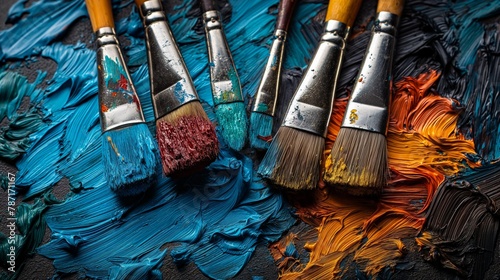 Oil paints and paint brushes on a palette