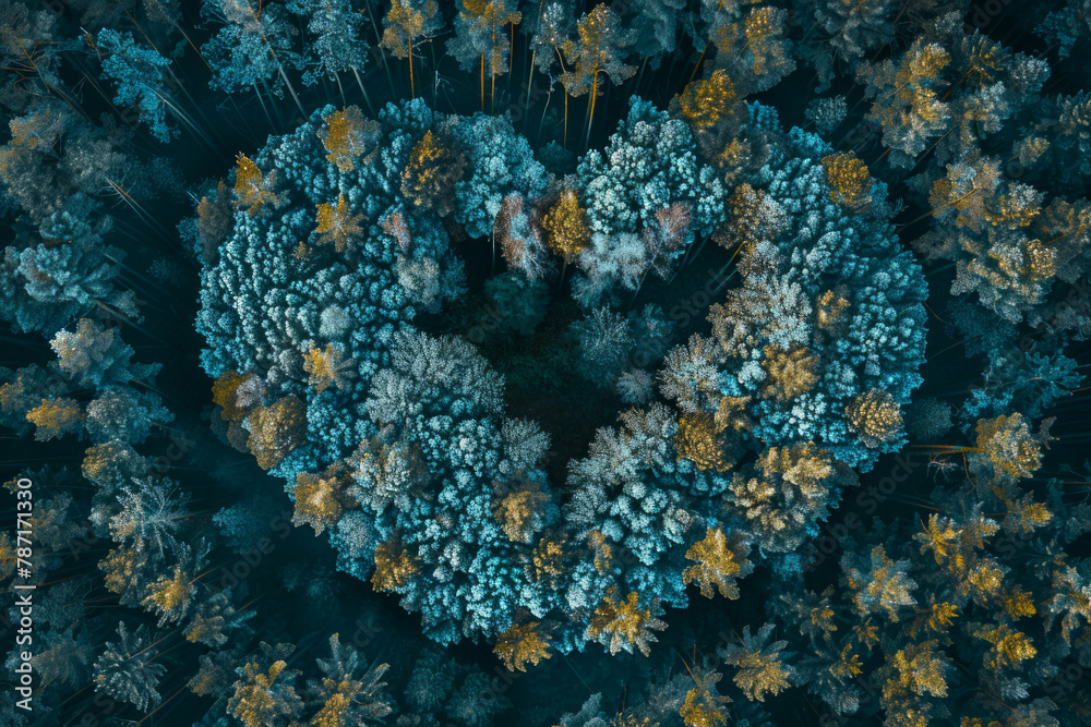 Fototapeta premium Top-down view of a forest with a love shape symbol