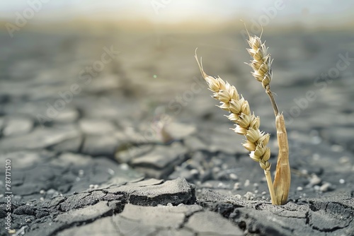 A single withered ear of wheat on a scorched battlefield, with stock market tickers scrolling across the barren landscape photo