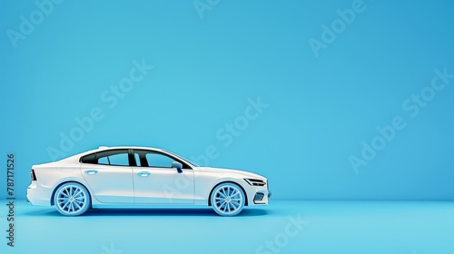 A stylish modern white sedan car presented on a bright blue background with copy space, projecting minimalism