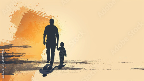 Father and child hand in hand as sillhuette with yellow orange background, Generative AI photo