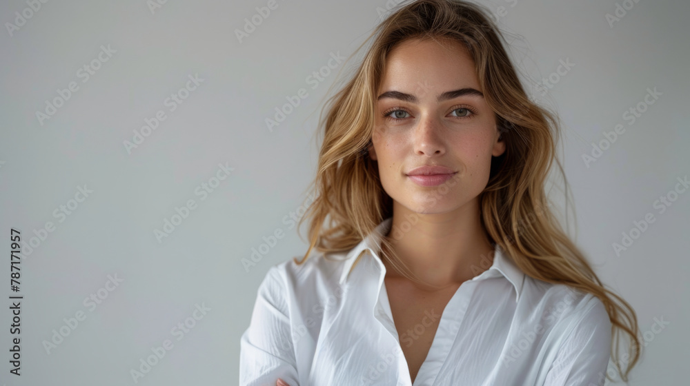 Confident and cheerful female business professional in casual attire posing against a plain white backdrop Confident and cheerful female business professional in casual attire posing against a plain white backdrop