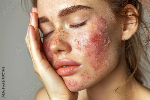 An individual applying soothing cream to alleviate discomfort caused by a red, inflamed skin rash. photo