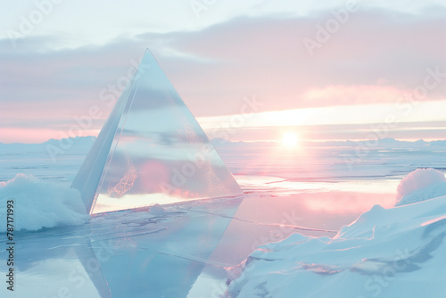 Minimalist landscape of simple triangular mirror on an ice cap North pole. Pastel colors. Modern aesthetic.