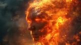 A man's face is on fire, with flames surrounding him