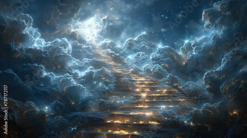 Stairs to the sky - stairway to heaven in blue clouds, entrance to the afterlife concept