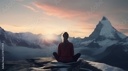 AI-generated yoga enthusiasts practicing mindfulness and meditation amidst snow-covered peaks  finding tranquility in the midst of winter s embrace