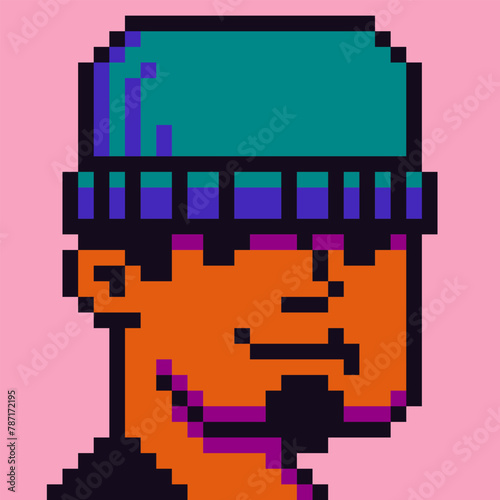 Avatar pixel 8-bit boy with hat, male character, guy cartoon vector icon, game user or web profile person, people, social net portrait, young man face, minimalistic fashion, vector illustration.