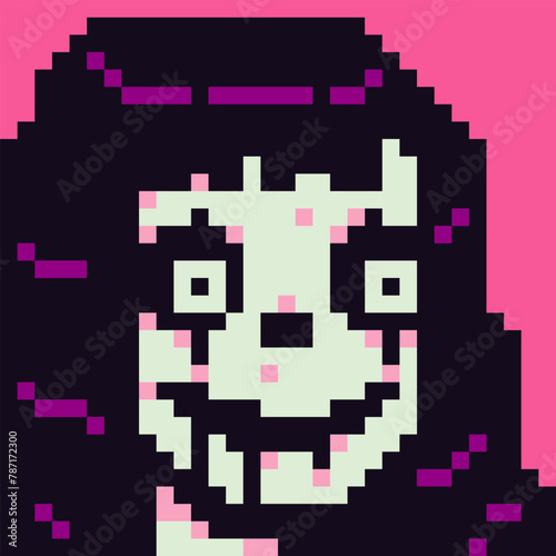 Creepy girl with skeleton face in Halloween costume scary portrait avatar pixel female character, cartoon vector icon, game user or web profile person, people, social net, young woman face, crypto art