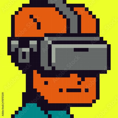 VR helmet on bald guy 8-bit 80-s pixel art character, avatar cartoon vector icon, game user or web profile persons, people, social net portrait, man face with tattoo, minimalist illustration.