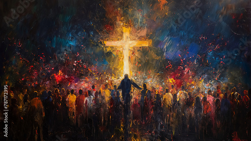 A painting of a crowd of people with a large cross in the middle