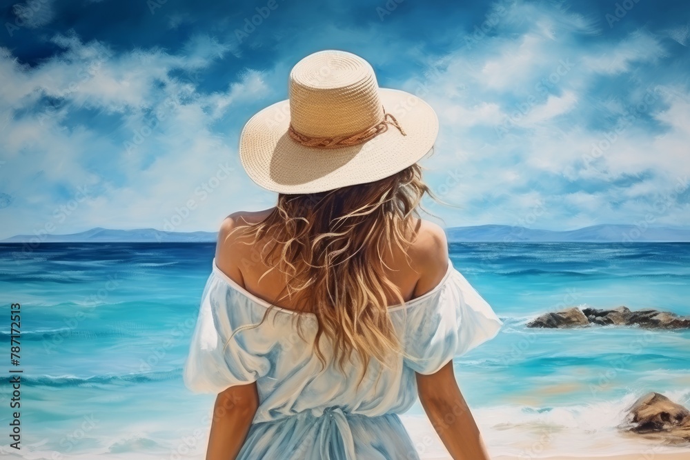 A beautiful young woman with long hair, wearing a straw hat and a white dress on the background of the sea, a view from the back. 